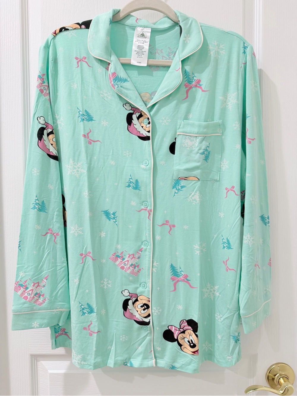 Disney Mint Green Minnie Mouse Button-Front Pajama Shirt with Pink Accents